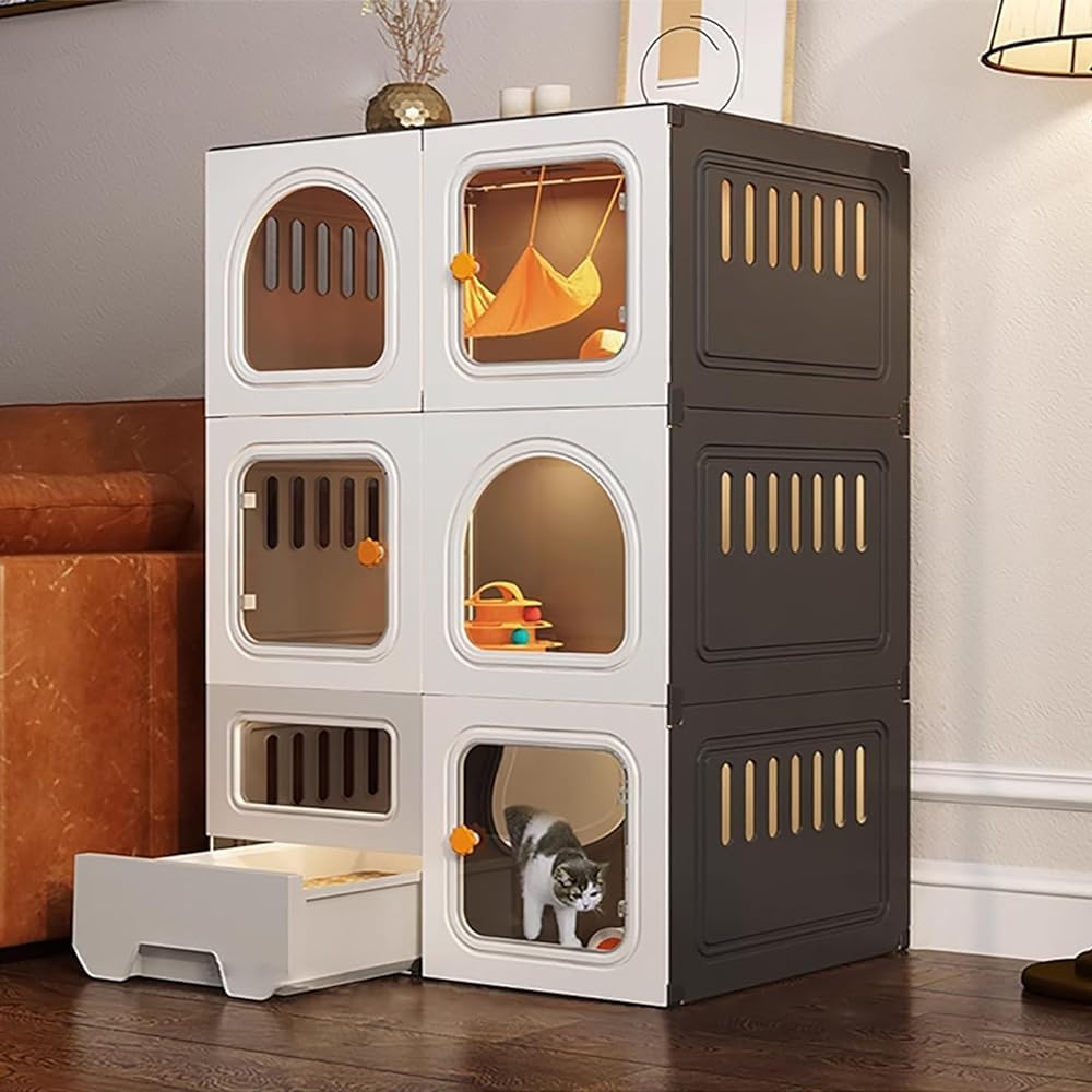 Cage pour chat XL multi-niveaux sécurisée et son bac litière amovible