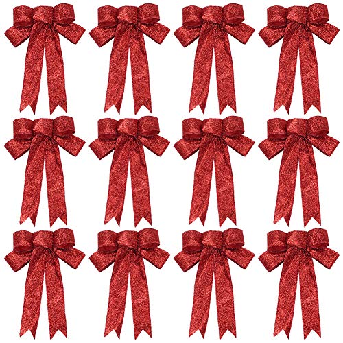 Noeuds à paillettes de Noël,12 pièces de ruban de Noël rouge noeuds de guirlande de Noël noeuds d'arbre de Noël noeuds de ruban cadeau pour les décorations de fête de Noël présente,9 x 7 pouces Cover