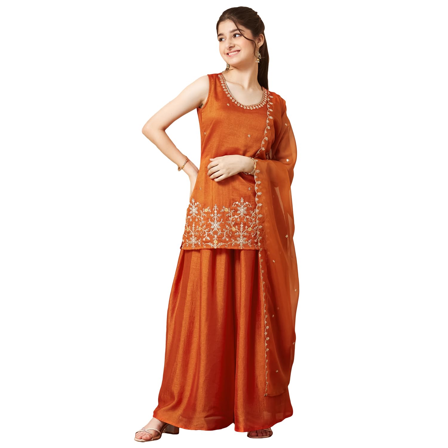 curly tales alpha Girl's Embroidered Kurta Palazzo Set with Dupatta | Ethnic Wear-picture-32