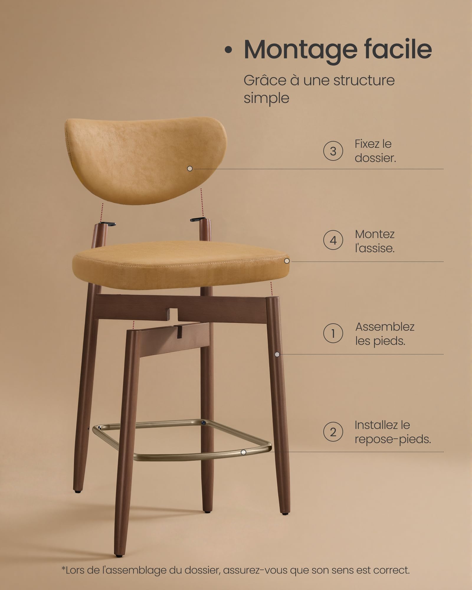 VASAGLE Tabourets de Bar, Bois Massif, avec Dossier, Lot de 2