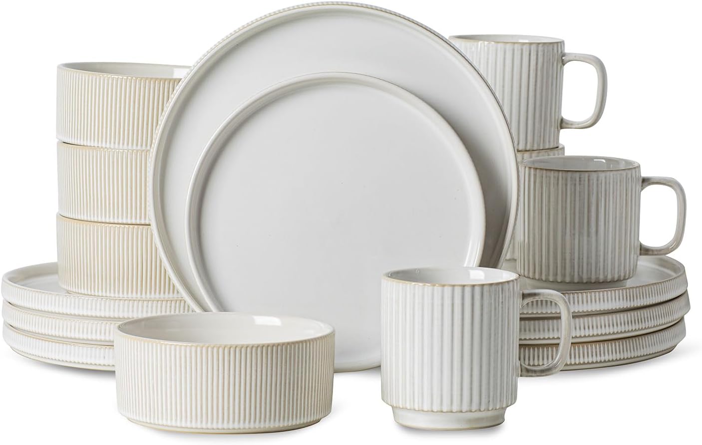 16-Piece Ribbed Ceramic Dishware Set, Service for 4 Plates, Bowls, & Mugs Dinnerware Set for Kitchen, Microwave and Dishwasher Safe - White