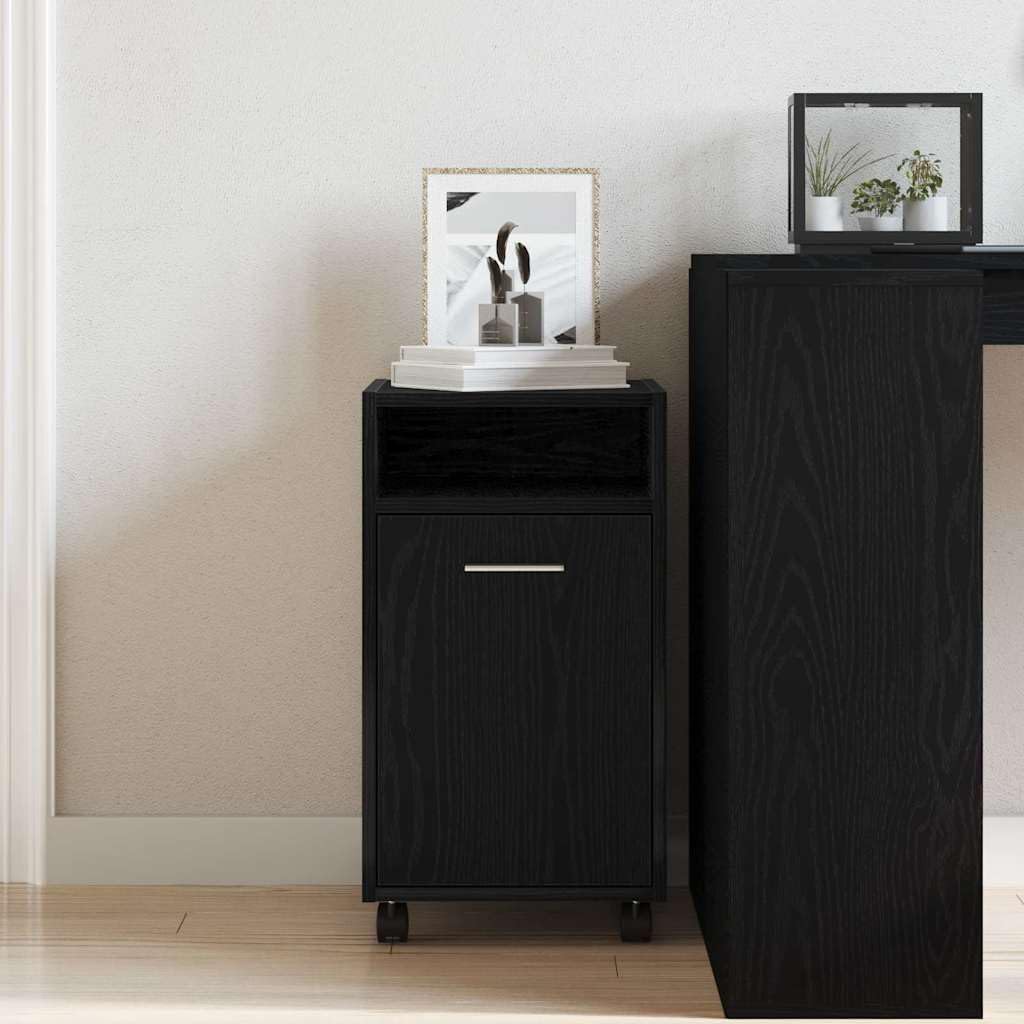 Rollcontainer Schwarz Eichen-Optik, mobiler Büroschrank auf Rollen, Beistellschrank mit 2 Fächern für Unterlagen und Drucker, Wagen-Seitenschrank aus Holzwerkstoff, 33 x 38 x 60 cm