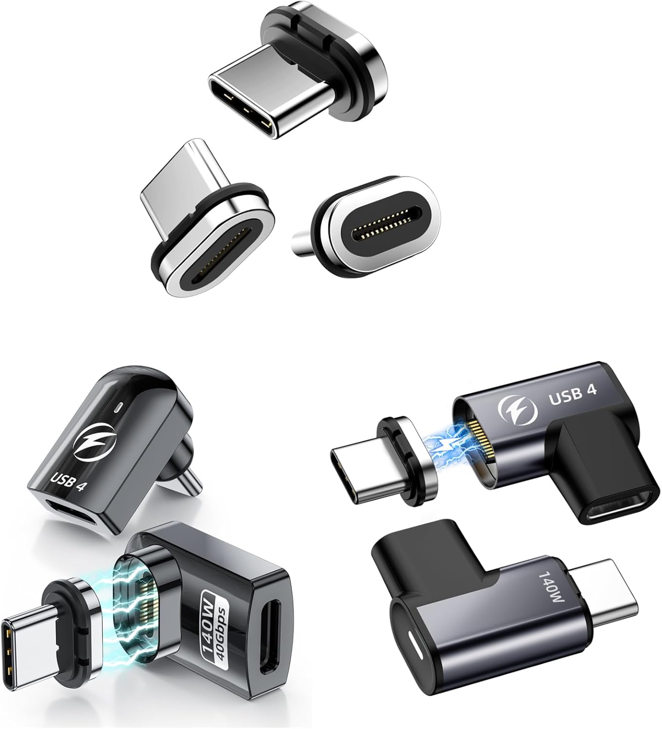 USB Type C Magnetic Adapter 4Pack, Right Angle Magnetic USB C Adapter with 40Gbps Data Transfer PD 140W Charge USB4 8K 60Hz Video for Thunderbolt 3/4, MacBook Pro/Air and iPhone 15/15 Pro/15 Max