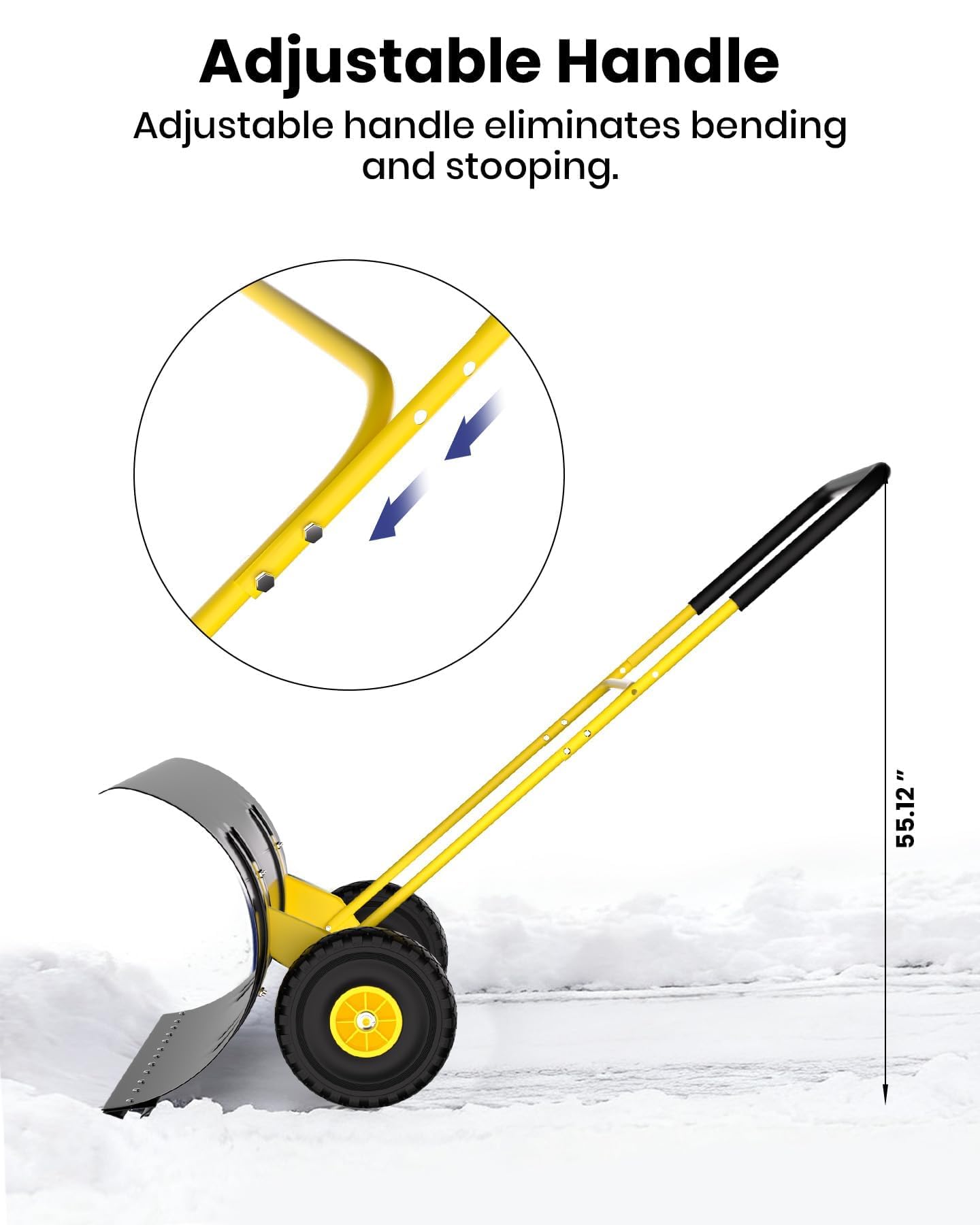 Garvee Pala Quitanieves con Ruedas de Acero al Carbono Empujador de Nieve Manual de Alta Resistencia Doble Mango Ergonómico para Calzadas y Patios Retirada Eficiente Hielo, 91.4 cm, Amarillo