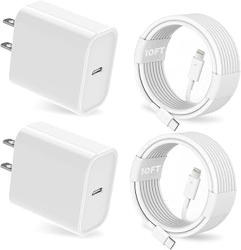25W iPhone Charger, 2 Pack 25W PD USB C Wall Fast Charger Adapter with 2 Pack 10FT Long Type C to Lightning Cable Compatible with iPhone 14 13 12 11 Pro Max XR XS X,iPad