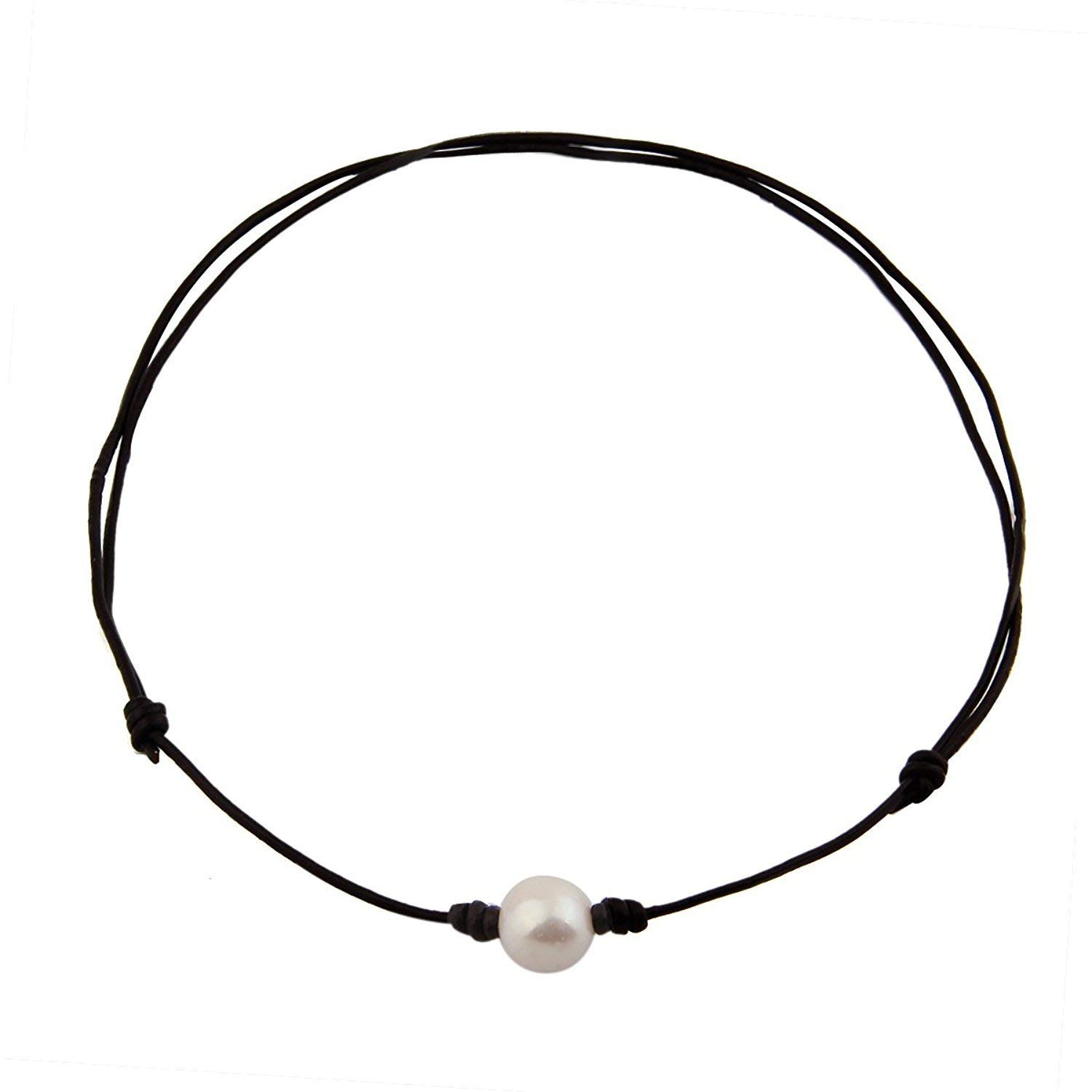 Single Pearl Choker Necklace can be Adjustable Leather Cord One Bead Jewelry for Women Handmade