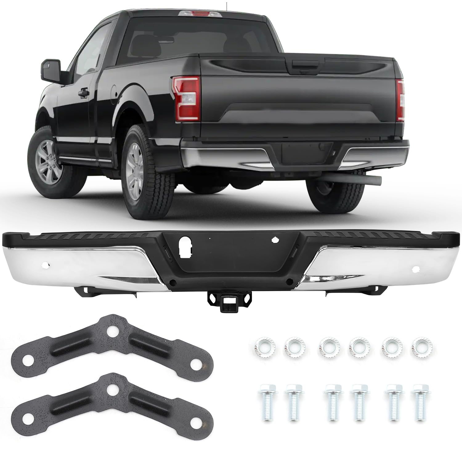 Rear Step Bumper Assembly Fit for 2015-2020 Ford F-150, Chrome-plated Steel Rear Bumper with Parking Assist Sensor Holes and Max Trailer Hitch, FO1103191