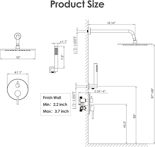 Miniatura 22 de Gabrylly Juego de grifo de ducha para bañera, sistema de ducha de bañera con válvula de ducha de 3 vías, cabezal de ducha de lluvia de alta presión