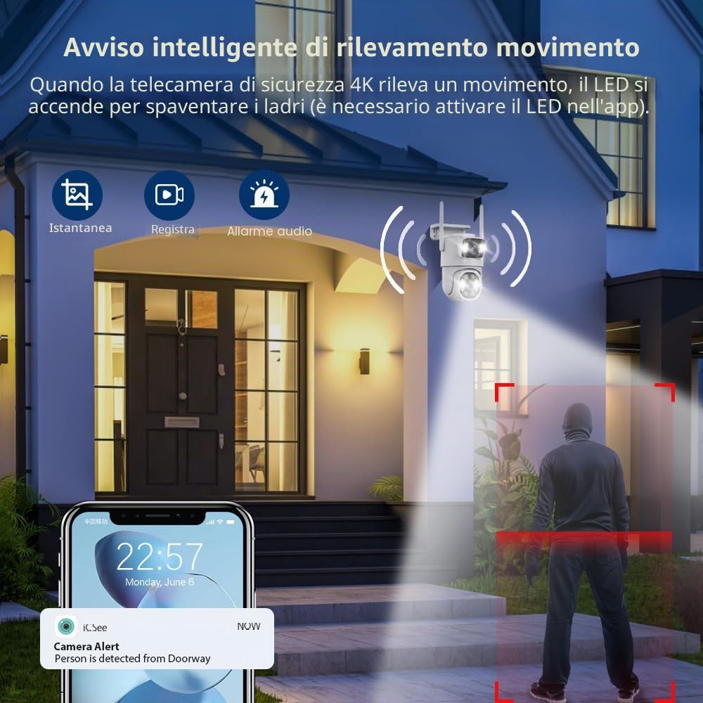 Telecamera Wi-Fi Esterno con Doppia Lente, 6 MP Telecamera Esterna IP PTZ Videocamera Sorveglianza 360° Telecamera di Sicurezza + 64 G Scheda SD Audio Bidirezionale Visione Notturna Tracciamento Auto