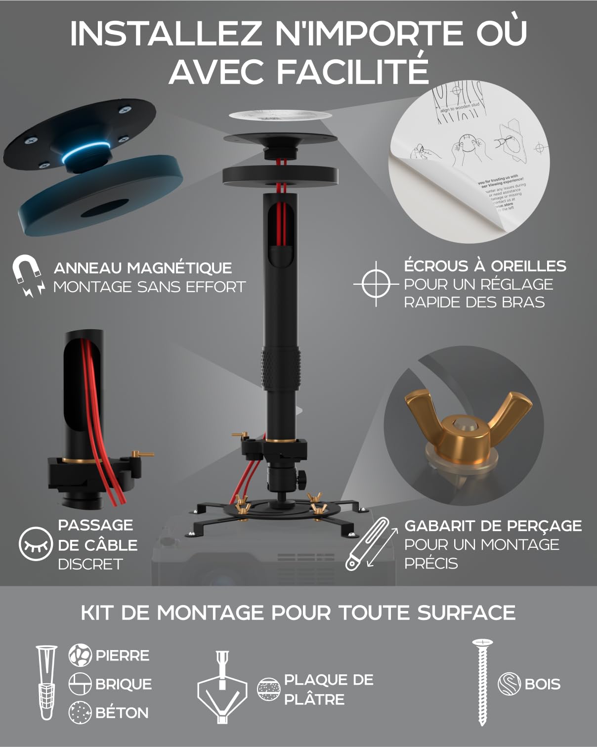 Support de projecteur Universel - Support de Plafond ou Mural réglable pour Mini-projecteurs de Bureau et domestiques - Mouvement Complet, Installation Facile, pivotant à 360°, Longueur 35-53 cm
