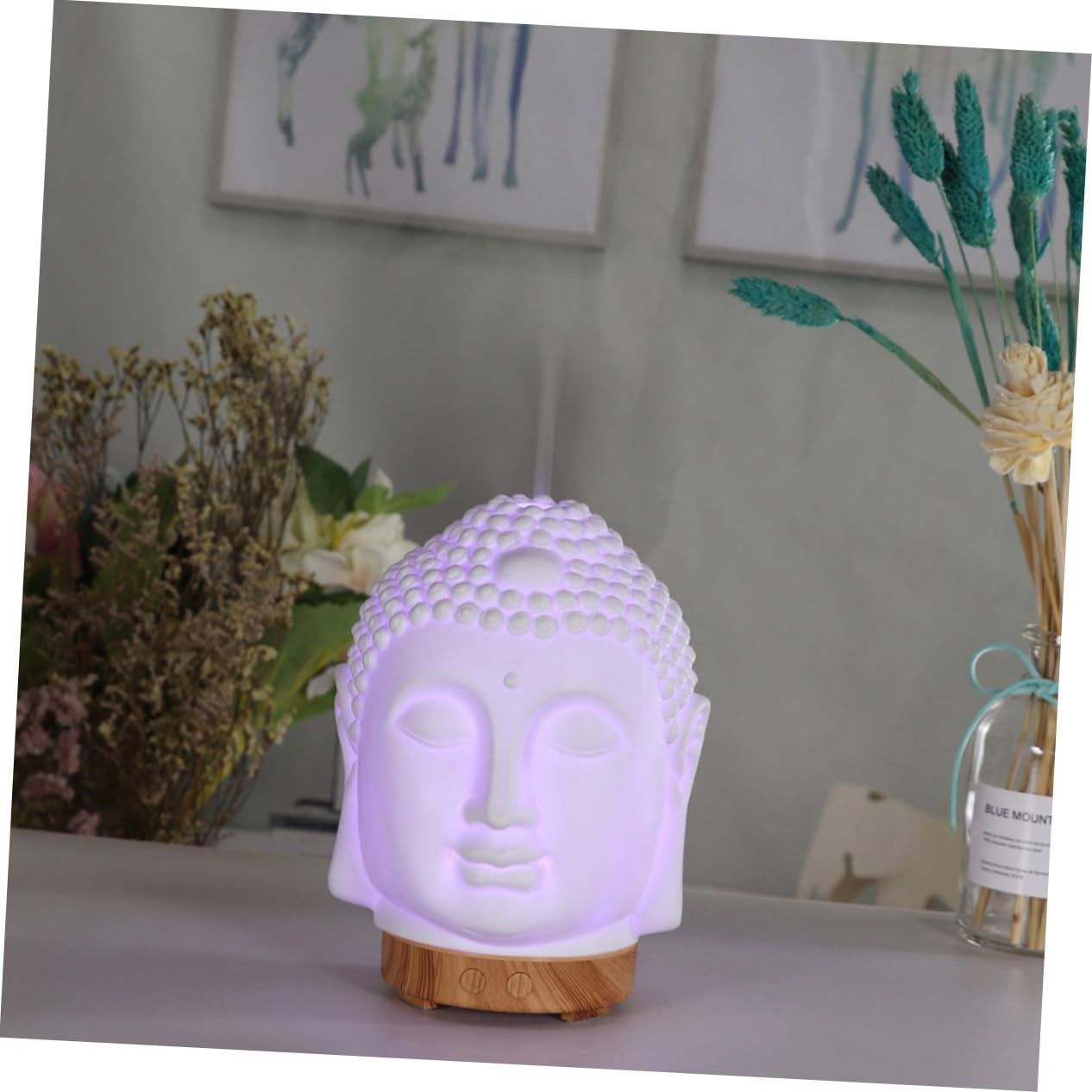 Keramik Aromadiffusor in Buddha Kopf Form, Weiß, 1 Stück | Schall, Farbiges Licht, Leiser Betrieb, Dekorativ, Schlafzimmer und Hotel