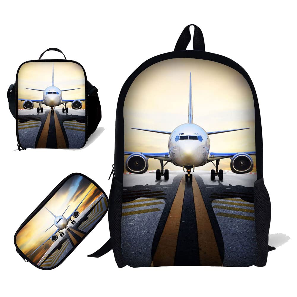 Students Backpack with Lunch Bag and Pencil Bag，17" Bookbag 3D Airplane Print for Kids