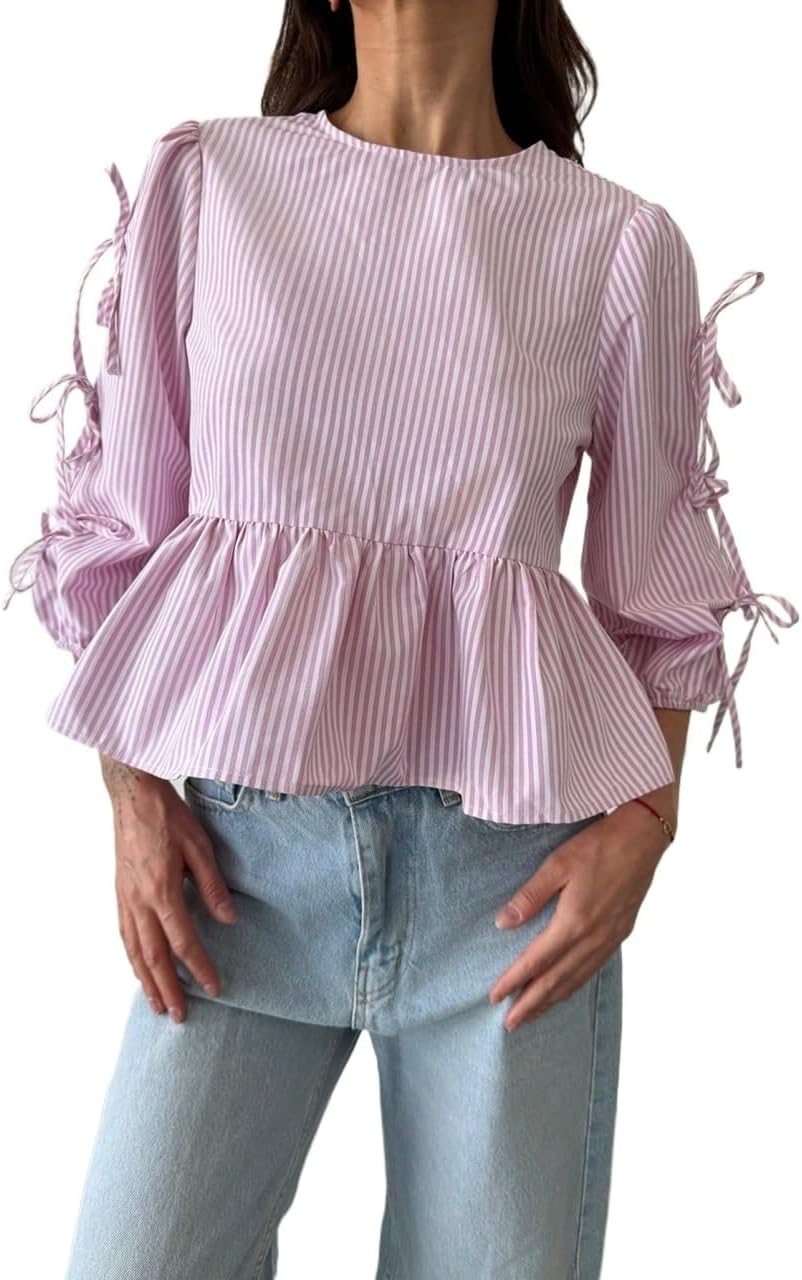 Women's Classic-Fit Shirt Round Neck Short Sleeve Striped Blouse