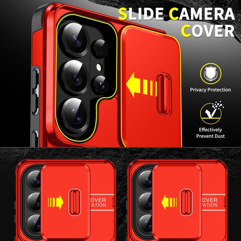 Image of LuxuryKase Shockproof Rugged Case for Samsung Galaxy S26 Ultra | Slide Camera Cover | 360 Rotating Ring Kickstand | Military-Grade Protection - Cherry Red