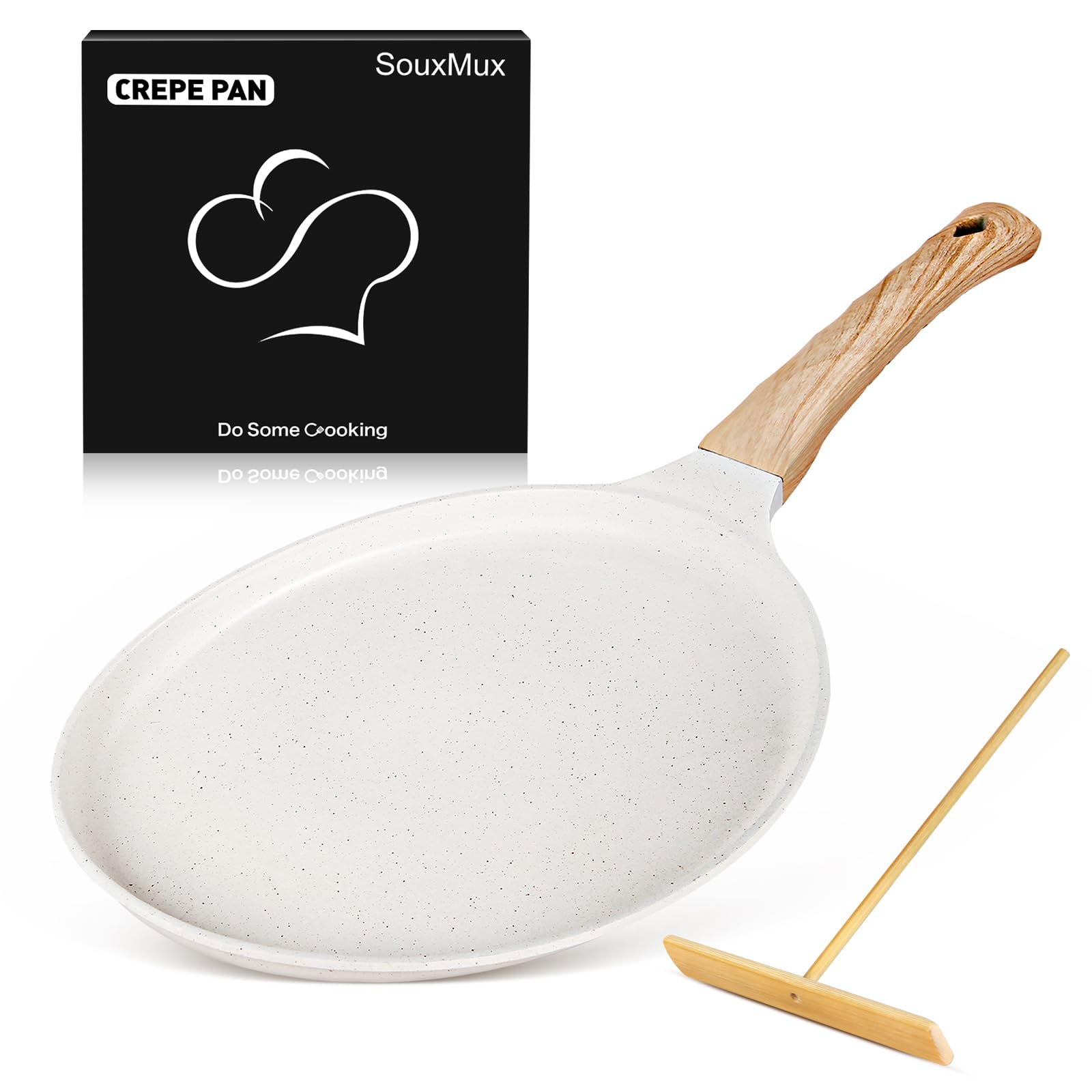 SouxMux Sartén antiadherente para crepes de 11 pulgadas con esparcidor, sartén Dosa Tawa con revestimiento de cerámica, sartén plana compatible con inducción para panqueques, tortillas y más con mango