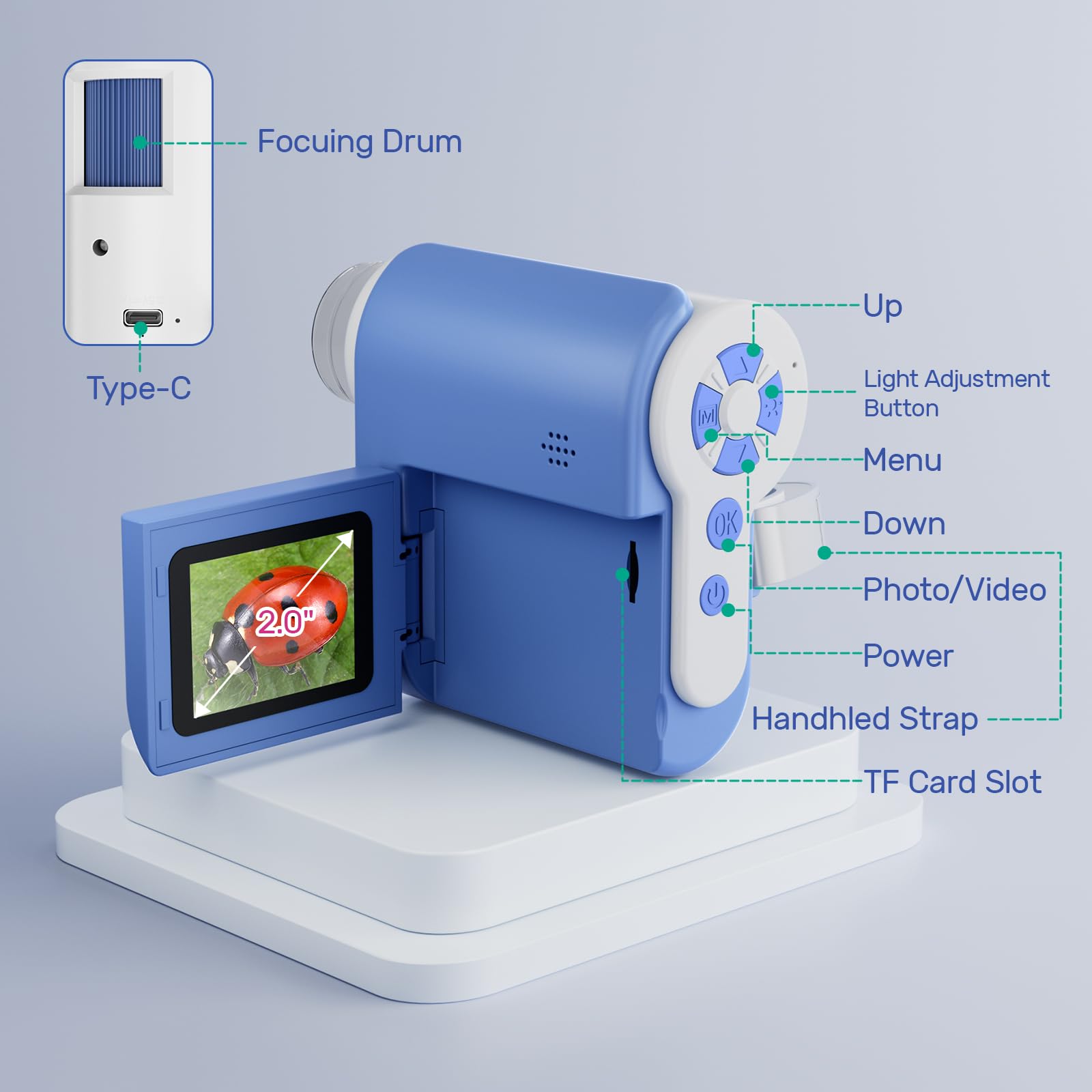 USCAMEL Digital Microscopio para Niños Portatil: 1000X Magnificación Pantalla 2.0" Microscopio Portatil Recargable - 6 Láminas Educativas Niños 5-12 Años - Jardín Casa Escuela - Regalo Chicos (Azul)