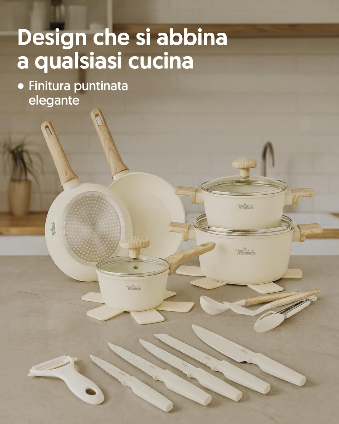 La Moustache - Batteria di Pentole Antiaderente 14 Pezzi con Accessori, Casseruole, Padelle, Coperchi in Vetro e Utensili + Set di 5 Coltelli in Acciaio Inox con Pelapatate, Effetto Marmo (Latte)