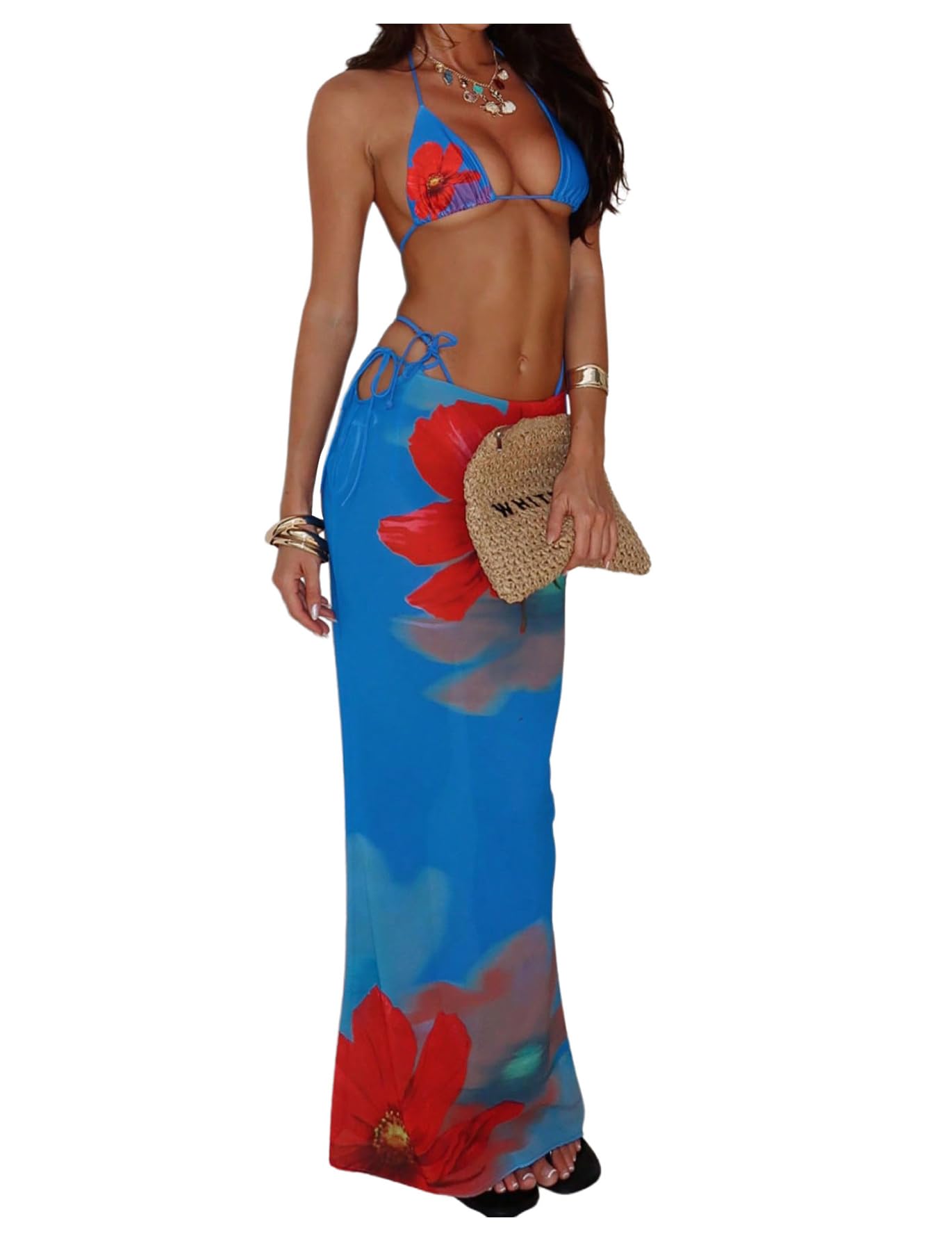RoseSeek Women's 3 Piece Floral Cheeky Bikini Sets Halter String Swimsuit with Mesh Beach Cover Up Skirt