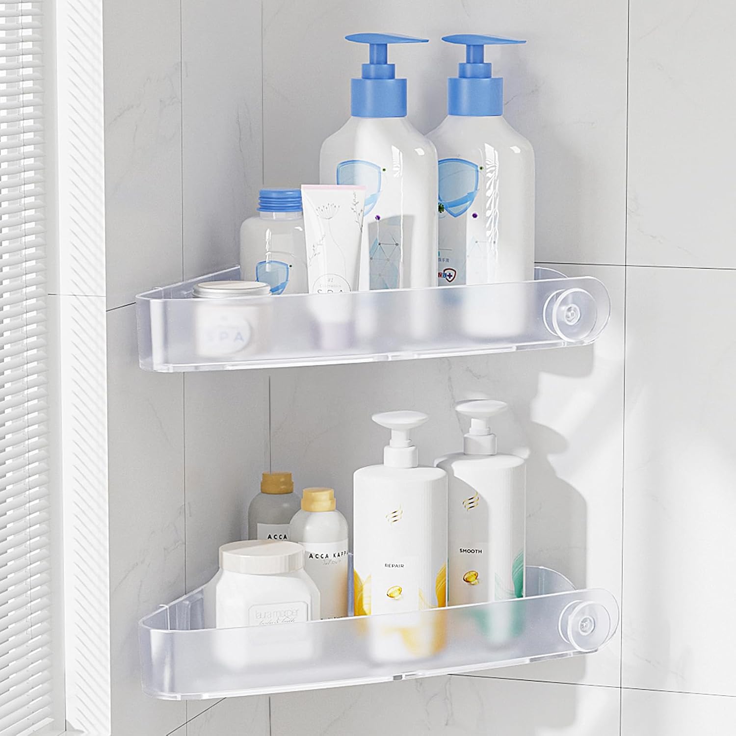 Sotfamily Plastik Duschablage ohne Bohren Ecke (Nur Für 90°), 2 Stück Duschregal Badregal ohne Bohren mit Klebepad, Rostfreier Kunststoff Shampoo Halterung für Dusche für Badezimmer, Frostiert Klar