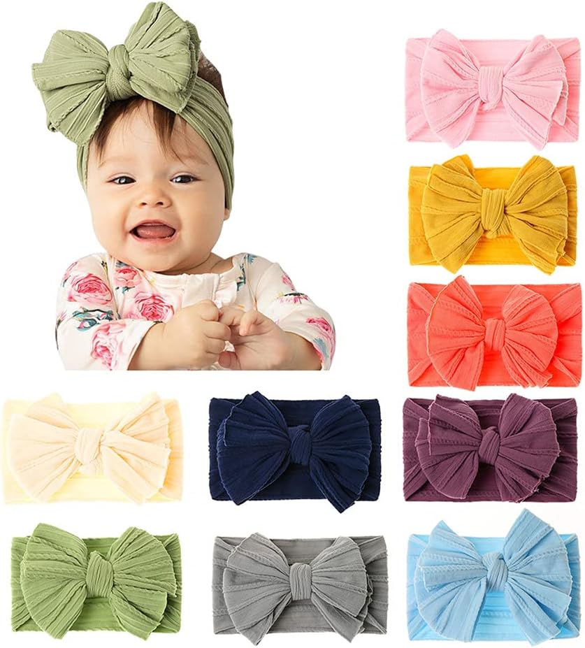 Baby Big Hair Bow Head Wrap, Turban Knotted Knitted Headbands, Soft Silk Stretchy Hair Bands 9PCS for Newborn Infant Toddlers