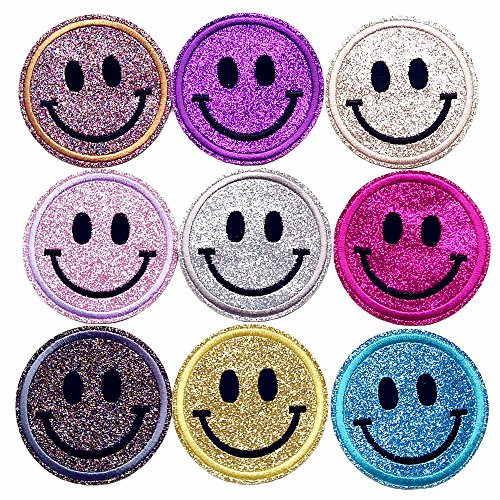 Qingxi Charm Cute Shiny Spark Smile Face Patch Sewing on/Iron on Embroidered Patches Clothes Dress Hat Pants Shoes Curtain Sewing Decorating DIY Craft Embarrassment Applique Patches (Smile Face 18pcs)