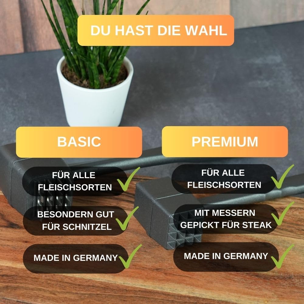 Thiru Premium Fleischklopfer - Fleischhammer für Schnitzel, Kotelett, Steak - Hammer-Kopf mit Zwei Schlagflächen - schonend für Fleisch - inkl. E-Book mit 25 Rezepten - Made in Germany