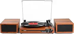 Toca-discos de vinil com alto-falantes, toca-discos portátil Bluetooth para discos de vinil, leitor de LP fonógrafo com 3 velocidades USB RCA em marrom vintage