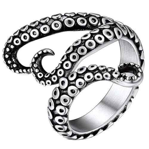 ChainsHouse Men Women Stainless Steel/18K Gold Plated/Black Snake Ring, Retro Punk Gothic Jewelry Antique Octopus Serpent Reptile Rings (with Gift Box) 05-Octopus-3 Whiskers-Steel 10