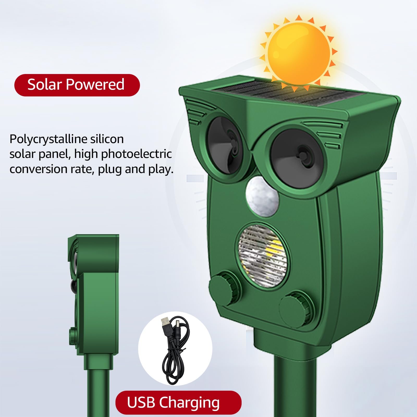 Répulsif pour chats pour jardins UK, répulsif antiparasitaire solaire à ultrasons, dissuasif pour pigeons, effaroucheur de chats, dissuasifs pour renards pour jardins UK, étanche IP54, lampe de poche