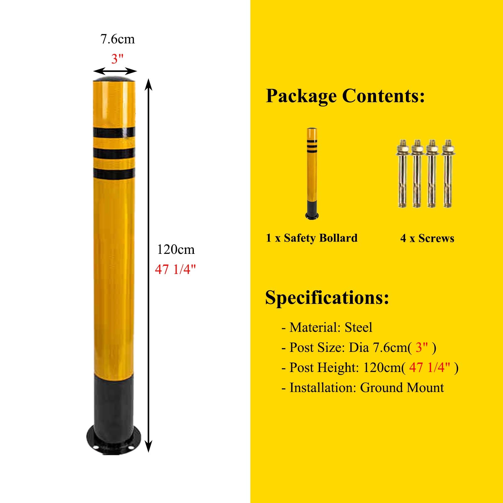 Bornes de sécurité routière, colonnes Fixes Anti-Collision en Acier, cônes de signalisation avec boulons d'expansion pour Usage Commercial/privé, H120xL7,6cm(47,2x3)