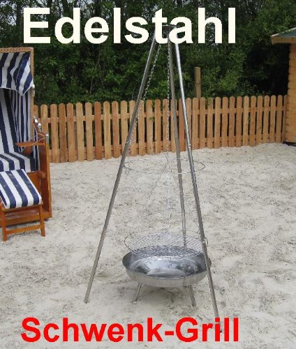 Land-Haus-Shop - Griglia girevole in acciaio INOX, a 3 gambe, regolabile
