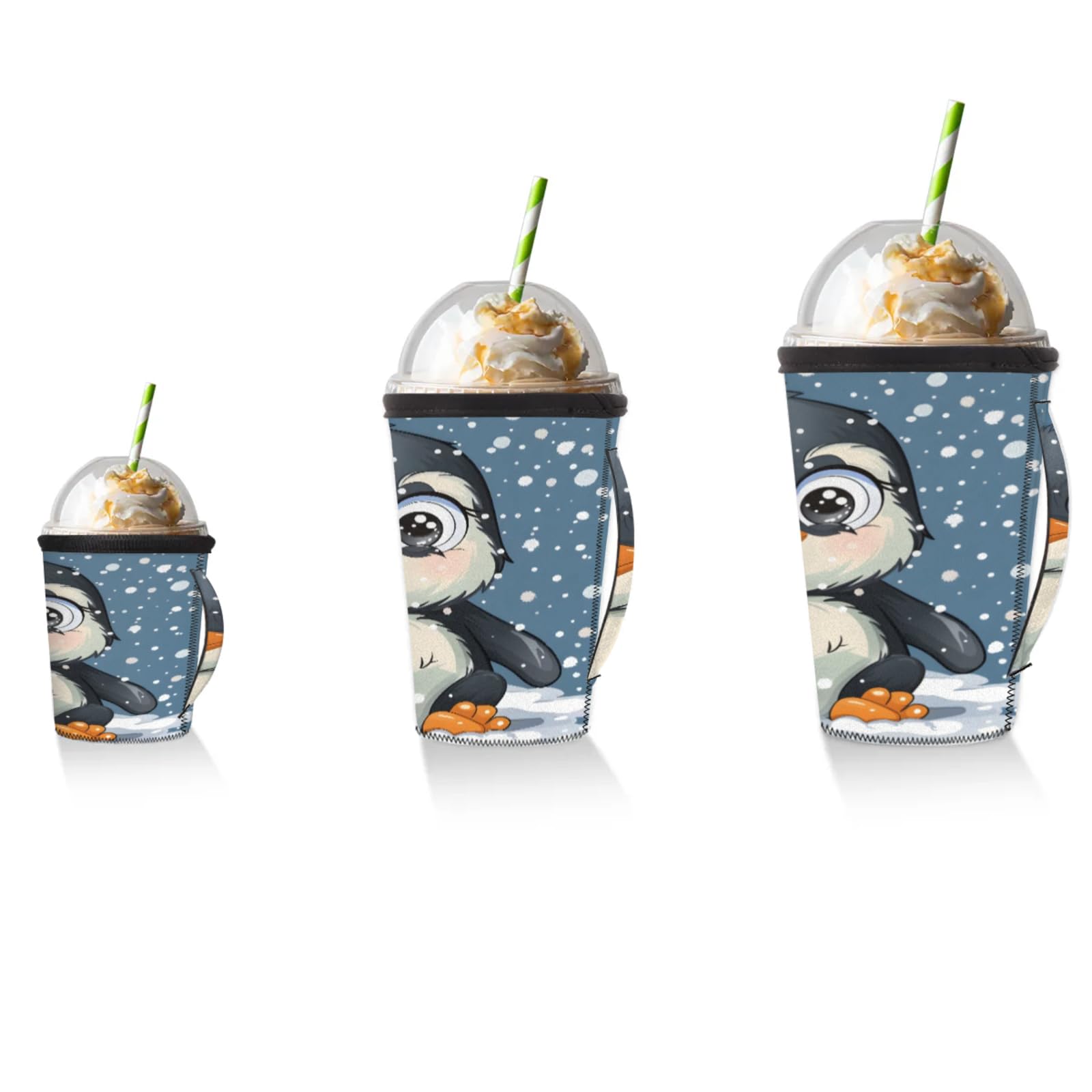 Abstract Snowflake Cartoon Penguin Reusable Neoprene Coffee Sleeve with Handle Insulated Iced Coffee Cup Holder Reduces Condensation Fits 24-28 oz Cups M