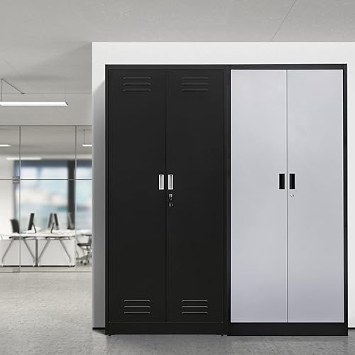 Miniatura 33 de Armario de almacenamiento de metal con puertas con cerradura y 2 estantes ajustables, gabinetes de metal de 71 pulgadas de alto, armarios de garaje,