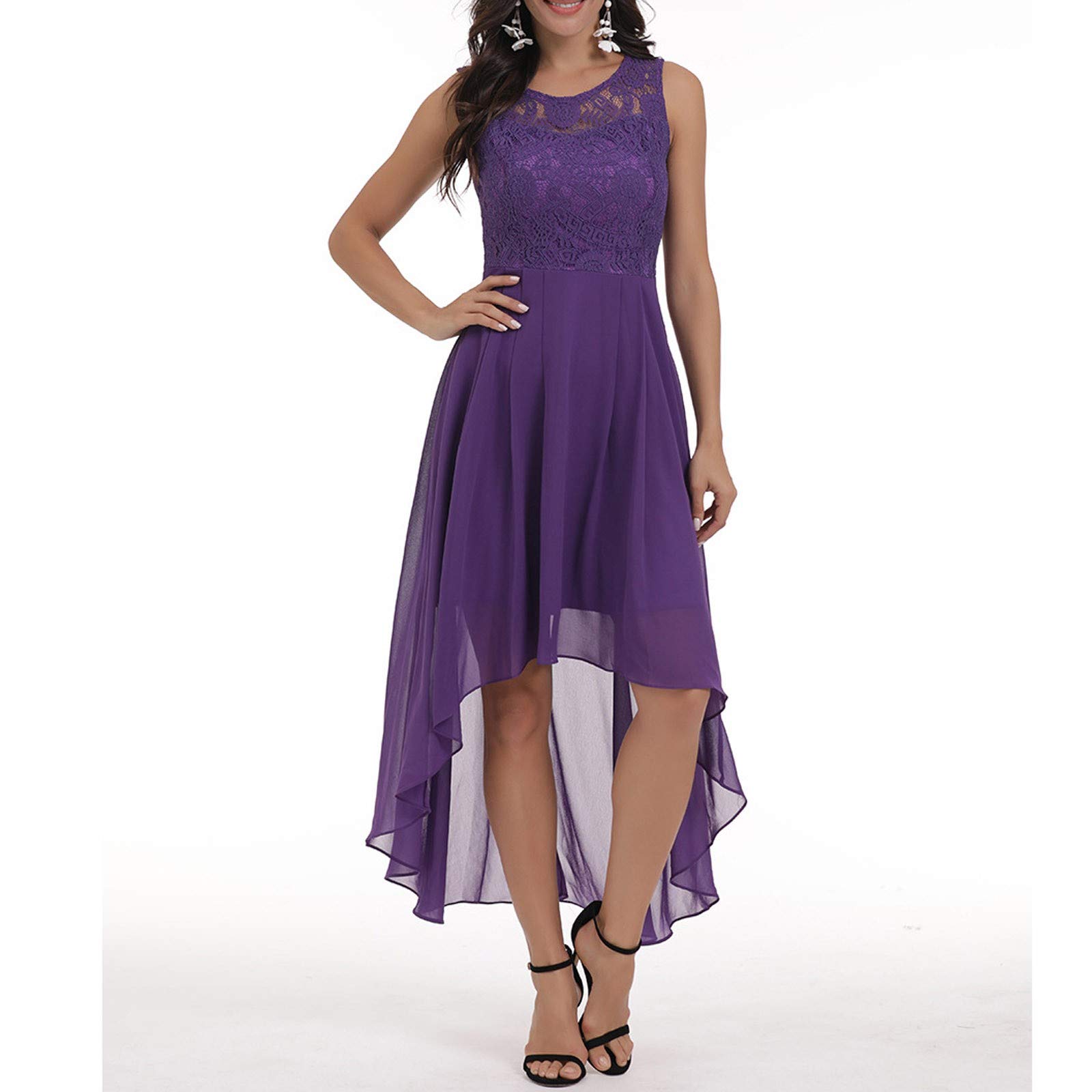 Kleid Hochzeitsgast Damen Elegant Abendkleider Lang Sommer Brautjungfernkleider Lochstickerei A Linie Sommerkleider Frauen Leicht Und Luftig Spitzenkleid Midi Asymmetrisch Kleider Für Hochzeit