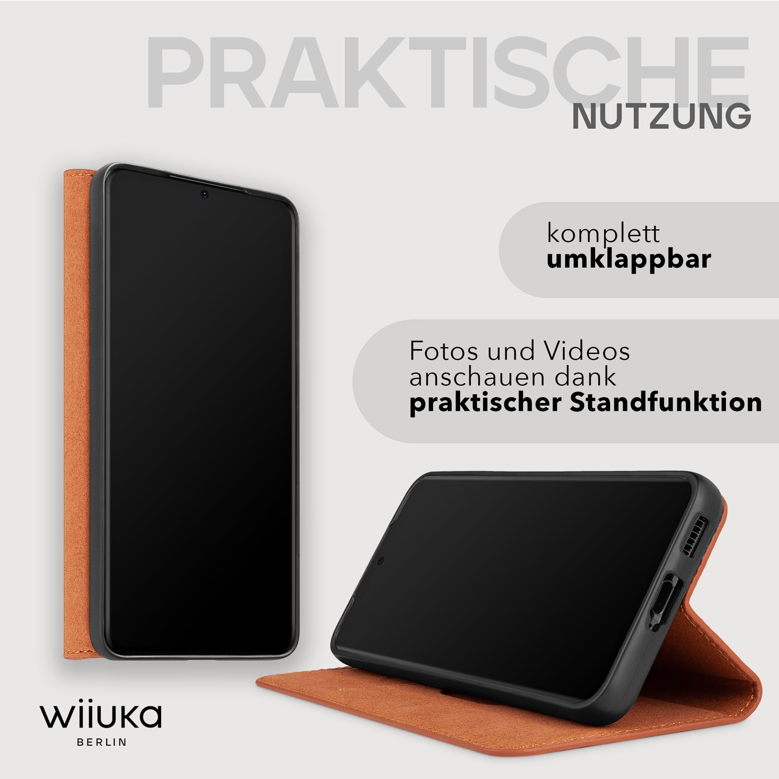 WIIUKA Hülle für Samsung Galaxy S25, Leder aus Deutschland, mit Kartenfach, extra Dünn, Handyhülle mit Standfunktion, Tasche Vintage Cognac Braun