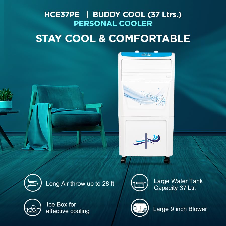 Elista BUDDY COOL 37, Personal Air Cooler 37 Ltrs with Honeycomb Pads | In Built Ice Chamber| Inverter compatible | Powerful Air Throw upto 28 Ft | With Mosquitos and Dust Net Filter 2 61j6nH0KE4L