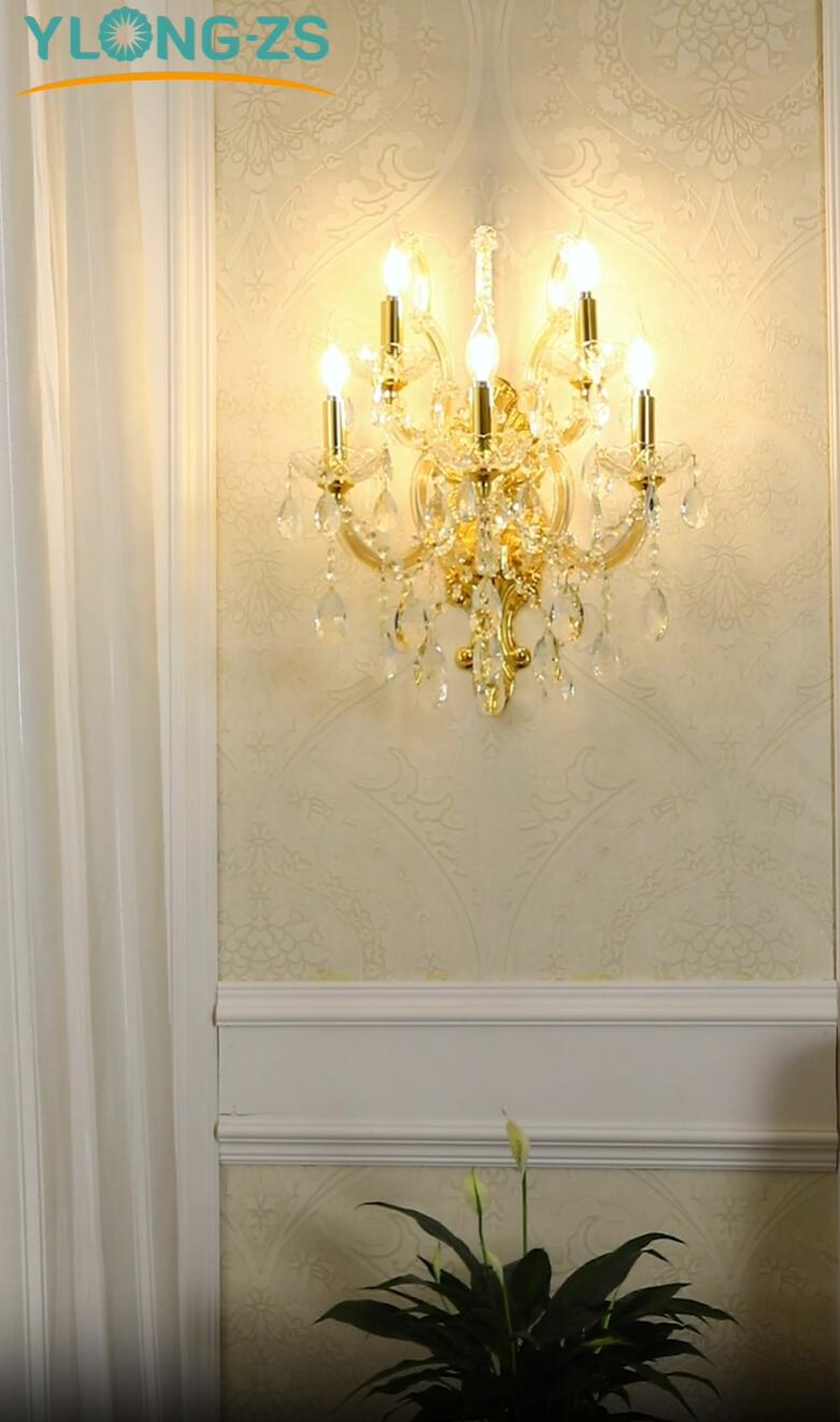 Image of YLONG-ZS Large Modern Crystal Wall Lights - 5 Lights Wall Lamp Chandelier Light Fixtures, Gold Wall Mounted Sconce for Hotel, Living Room, Hall, Lobby