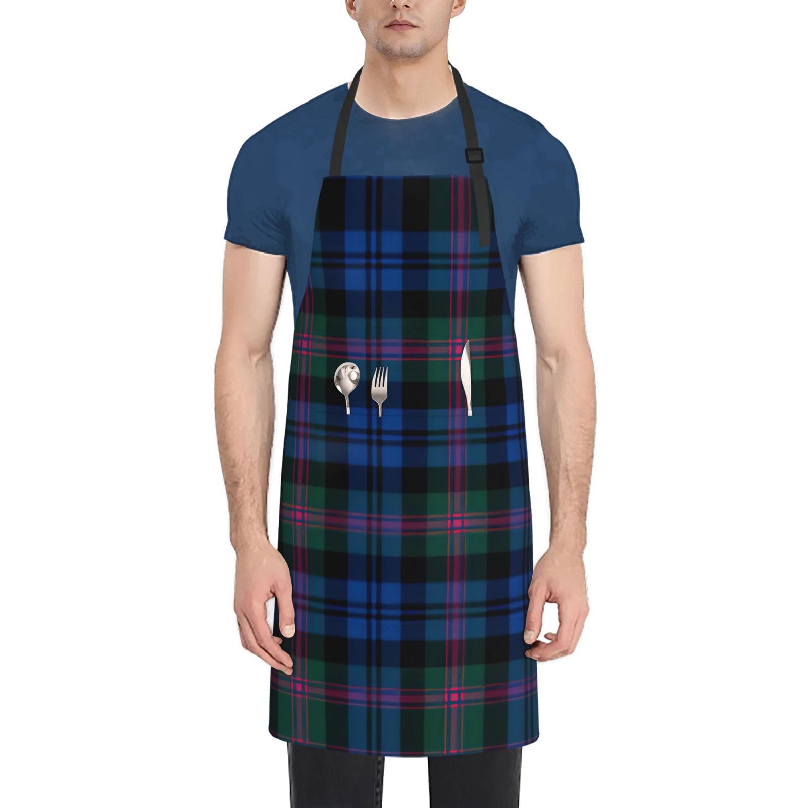 HTTUP Blue and Green Scottish Tartan Print Laundry apron 28x33 In Waterproof Kitchen Apron with Pockets for Cooking Baking, Black, One Size, Black, One Size