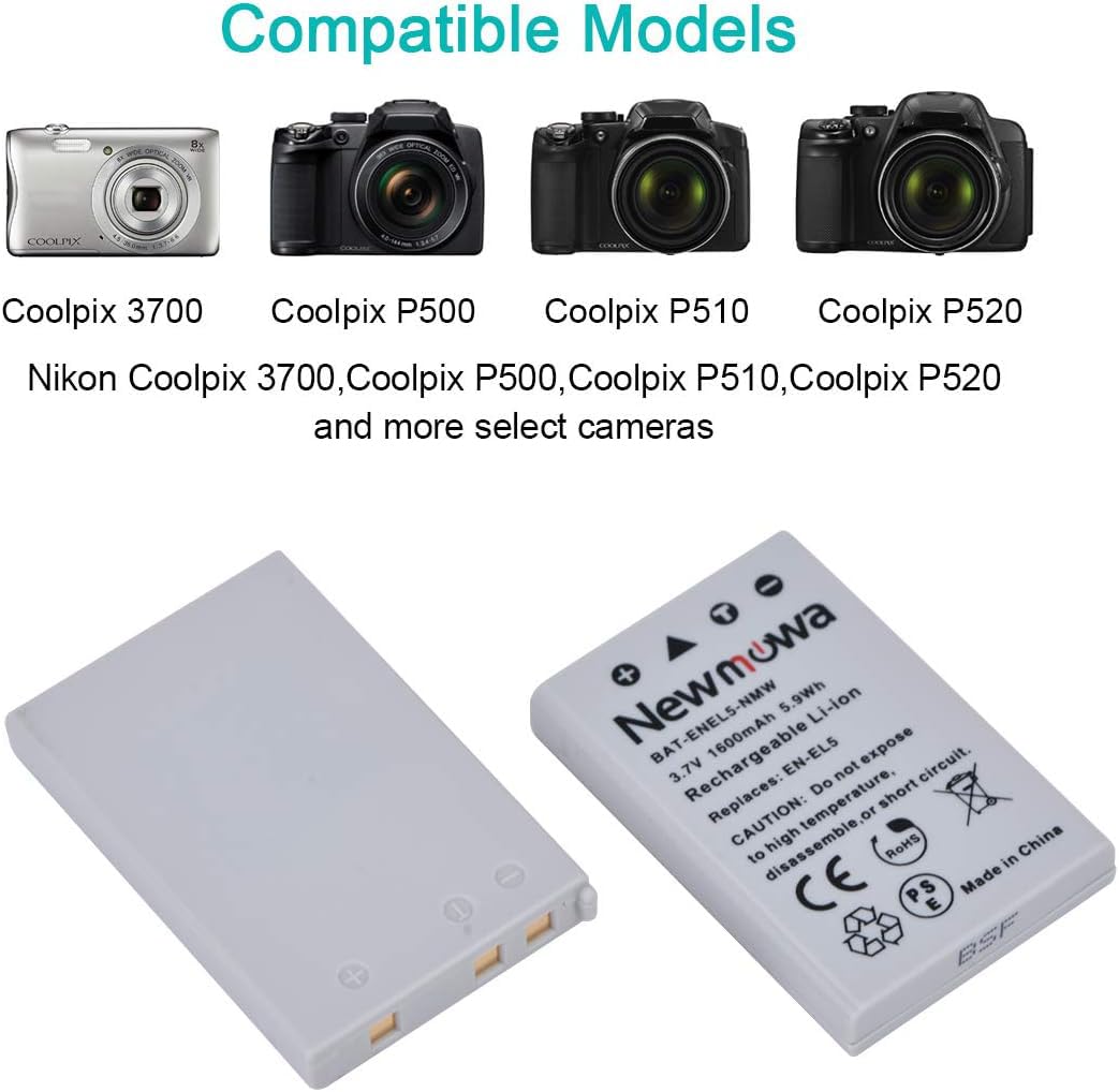 Newmowa EN-EL5 Zamienna Bateria (2 sztuki) i Zestaw Podwójnej Ładowarki USB do Nikon Coolpix P530, P520, P510, P500, P100, P90, P80, P6000, P5000, P5100, 7900, 5900, 5200, 4200, 3700, S10, P4, P3