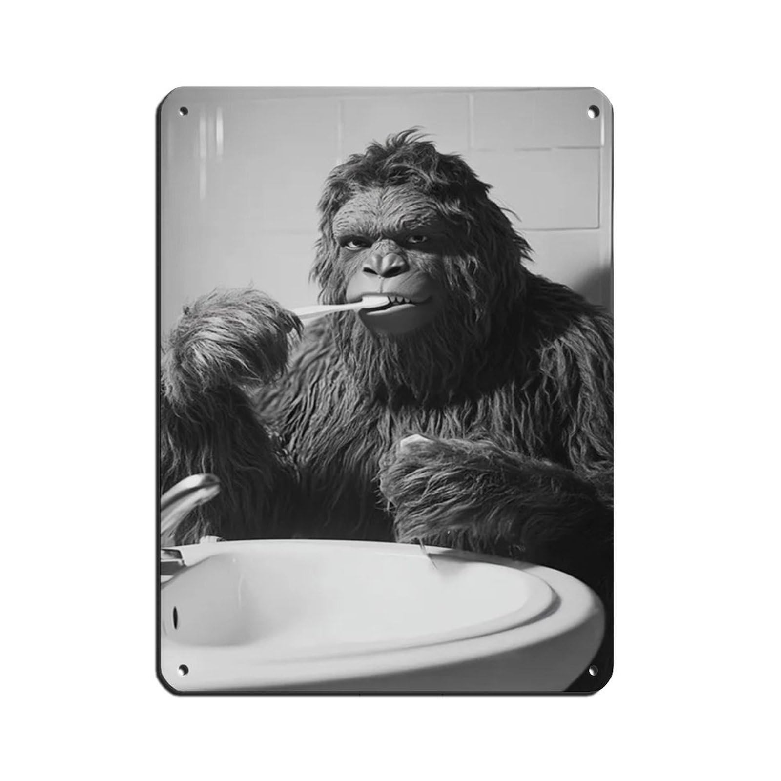Sasquatch Brushing Teeth, Funny Bathroom Art Retro Poster Metal Tin Sign Chic Art Retro Iron Painting Bar People Cave Cafe Family Garage Poster Wall Decoration 12x16inch(30x40cm)