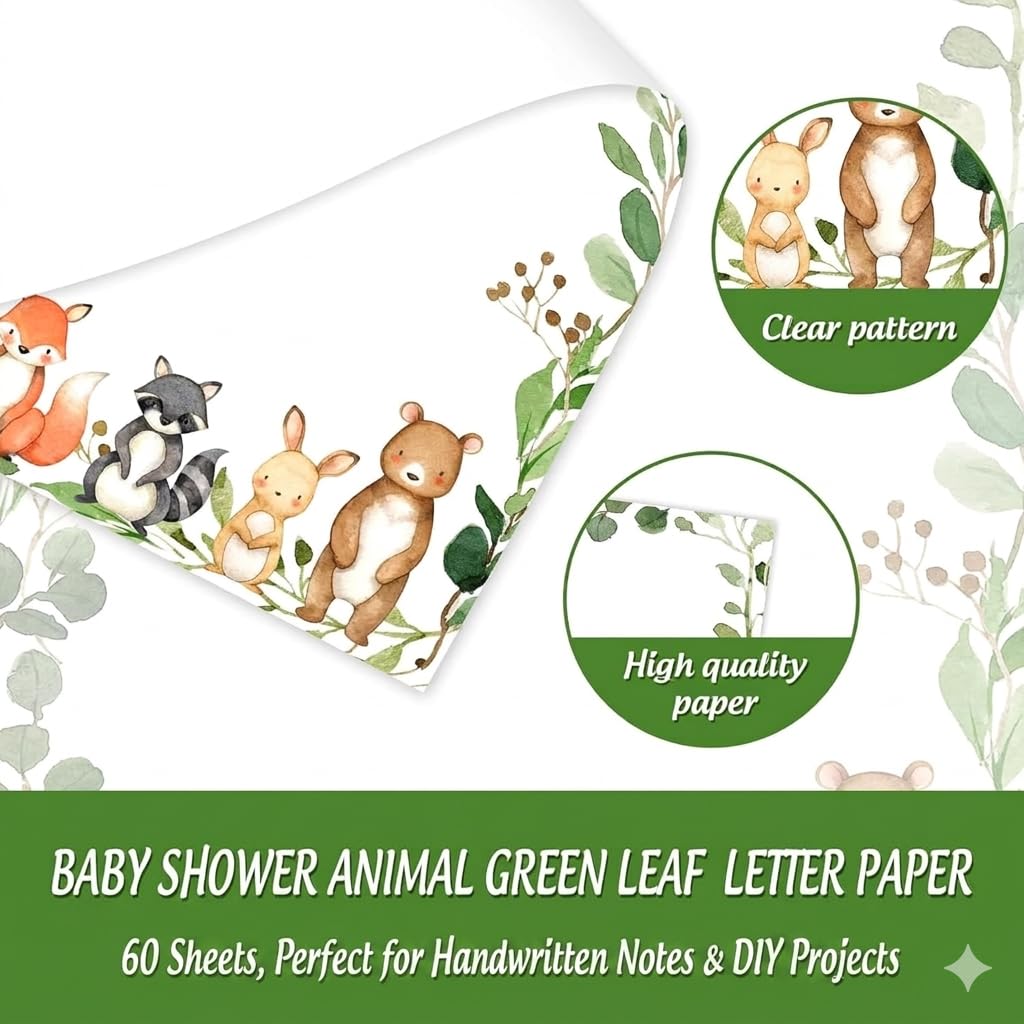 Papelería para baby shower de animales del bosque del bosque, 60 hojas, papel de membrete de una sola cara de 8.5 x 11 pulgadas para invitaciones, notas de agradecimiento y escritura
