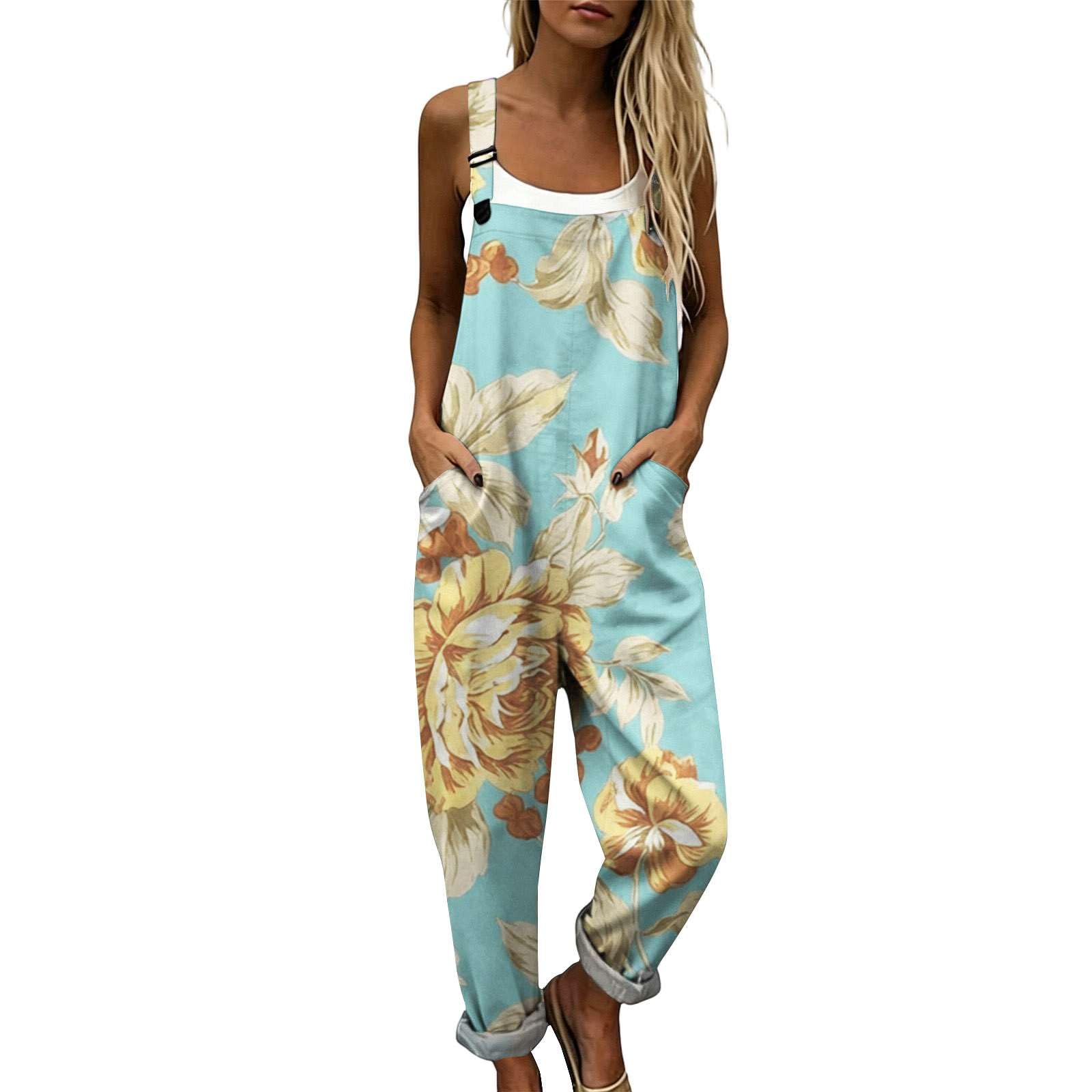Generico Salopette Donna Estiva Lunga Tuta Intera in Lino e Cotone con Stampa Floreale Boho Chic Jumpsuit Gamba Larga Tasche Bretelle Regolabili Taglie Forti Mare Vacanza Comoda Baggy