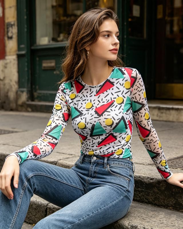 Image of 80s 90s Outfits for Women 80s Themed Party Sheer Top Retro Disco Sexy Going Out Tee 90s Streetwear Shirt
