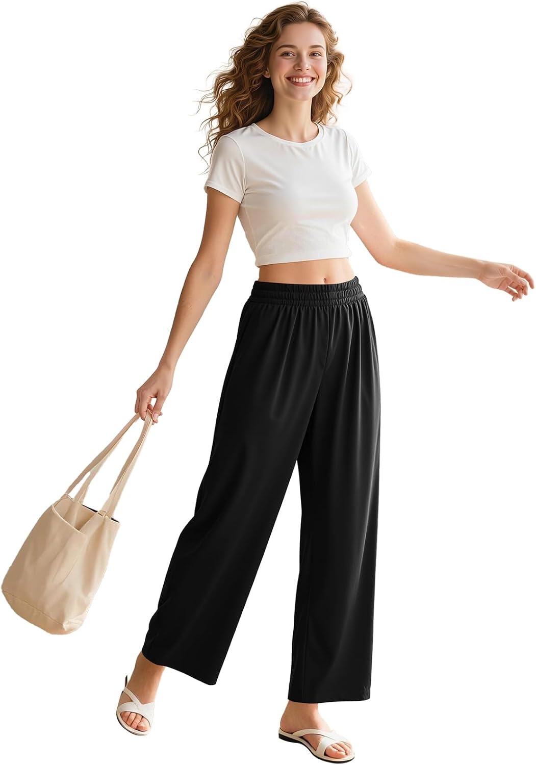 Women's Baggy Wide Leg Pants, High Waisted Breathable Trousers with Pockets, Business Casual Dress Work Pants