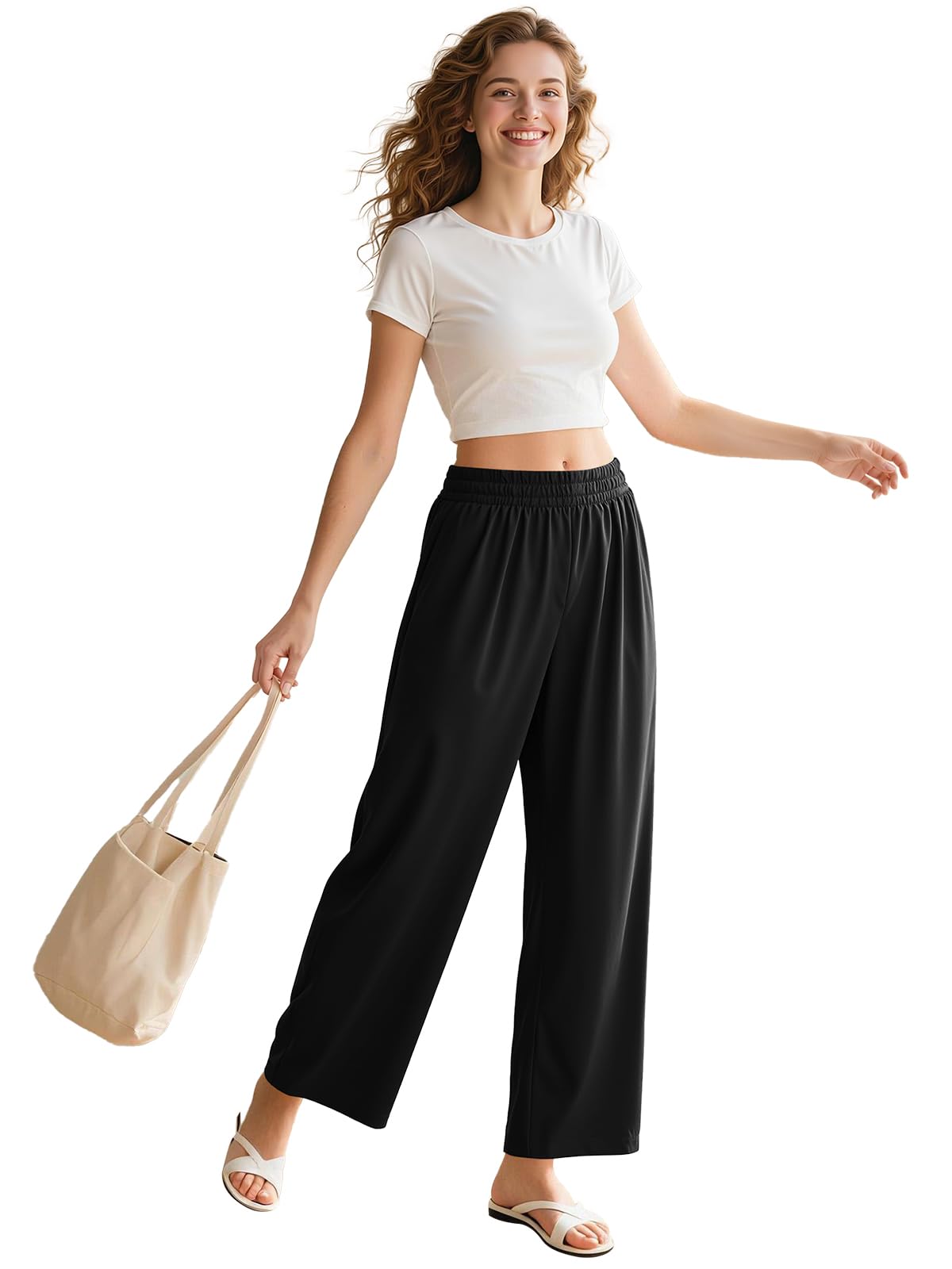 Womens Baggy Wide Leg Pants High Waisted Breathable Trousers with Pockets Business Casual Dress Work Pants