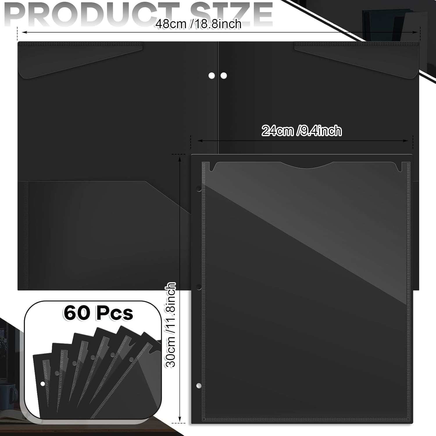 Henoyso 60 Pcs Black Plastic Folders with 2 Pockets and Clear Front Pocket 3 Holes for 3-Ring Binder Durable Poly Folder for School, Office & Home Organization
