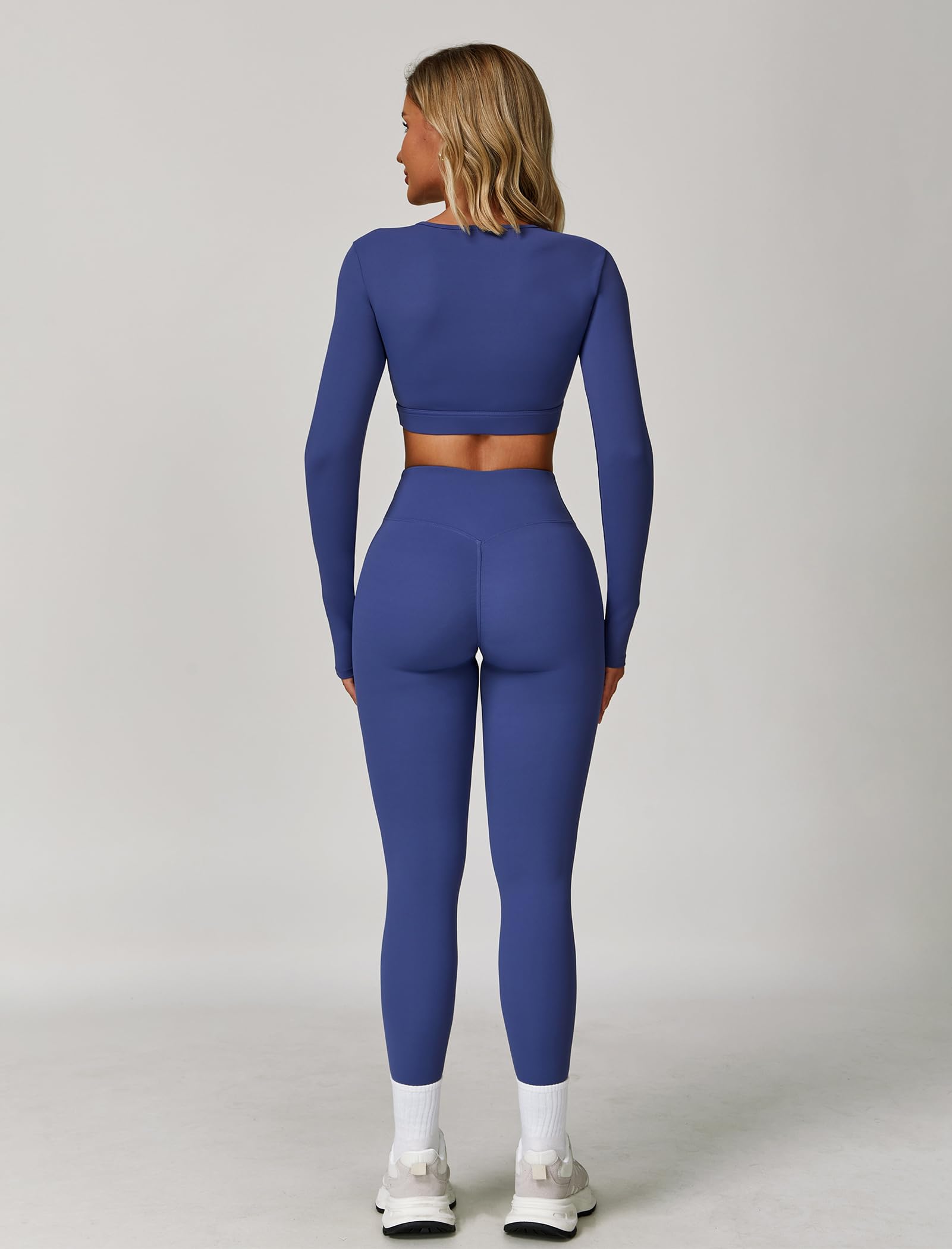 IDOPIP Zweiteiler Workout Set Damen: Langarm Sport Set Crossover Hohe Taile Leggings Cutout Crop Top mit beweglichen BH-Pads - Sportanzug für Fitness Yoga Pilates Gym