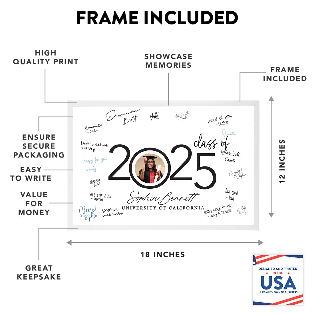 Andaz Press 12x18-Inch Personalized Signature Frame Graduation Guest Book Alternative, Custom Photo, Graduation Signature Board, Graduation Frames Class of 2025, Graduation Party Decorations 2025