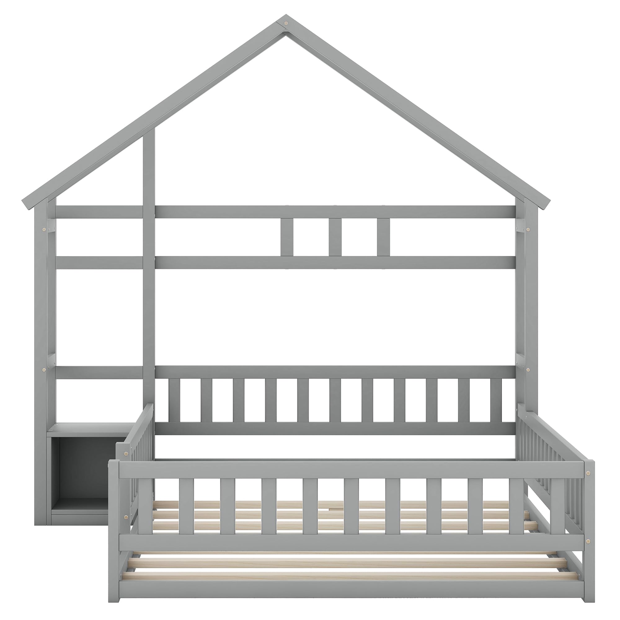 Dolamaní Bodenbett 140x200 cm Kinder mit Rausfallschutz -Montessori Kinderbett für Jungen & Mädchen, mit Nachttisch & Dekorative Haushalterung (Grau)