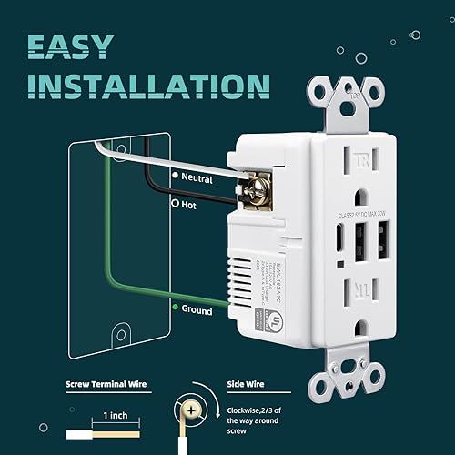 Miniatura 6 de TOPELER Toma de pared USB C, receptáculo resistente a manipulaciones de 15 A con 3 puertos USB, 6.0 A 30 W de alta potencia de carga, placa de pared